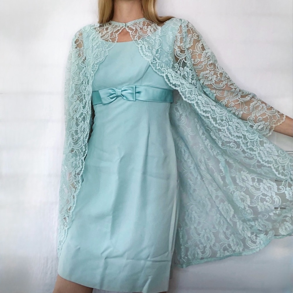 Vintage 60s Pale Blue Lace Cape and Dress